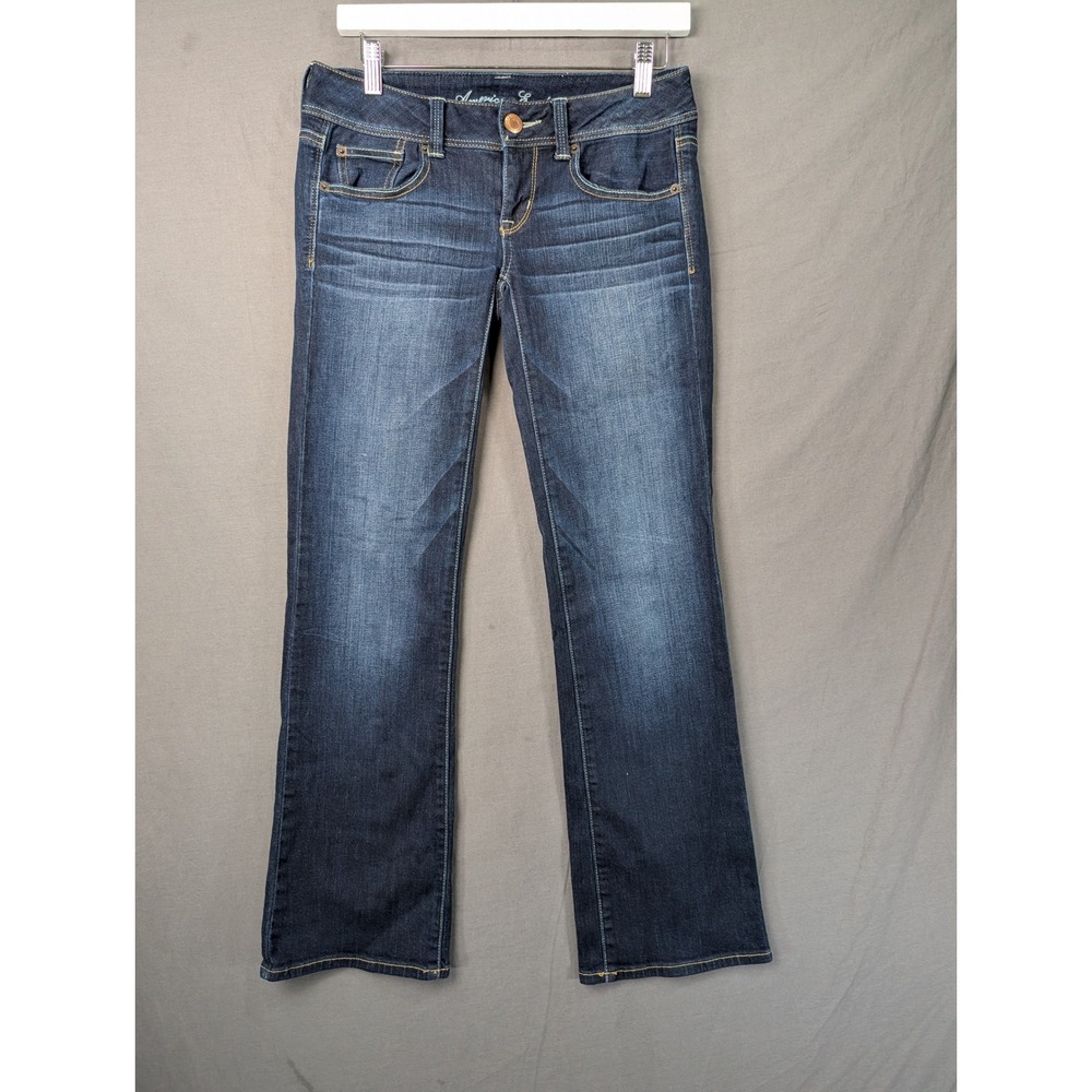 American Eagle Women Blue Bootcut Stretch Jeans 2 Short Dark Wash Low Rise 7529